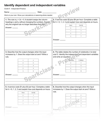 Identify dependent and independent variables — Independent Practice — Grade 6 worksheet preview
