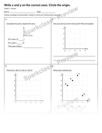 Write x and y on the correct axes. Circle the origin. — Review — Grade 5 worksheet preview