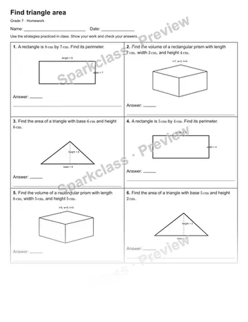 Find triangle area — Homework — Grade 7 worksheet preview