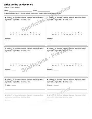 Write tenths as decimals — Guided Practice — Grade 4 worksheet preview
