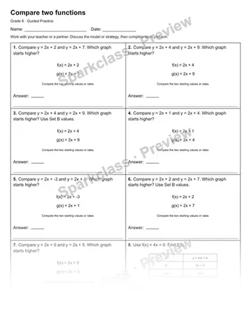 Compare two functions — Guided Practice — Grade 8 worksheet preview