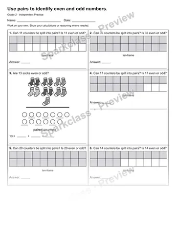Use pairs to identify even and odd numbers. — Independent Practice — Grade 2 worksheet preview