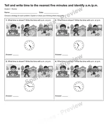Tell and write time to the nearest five minutes and identify a.m./p.m. — Review — Grade 2 worksheet preview