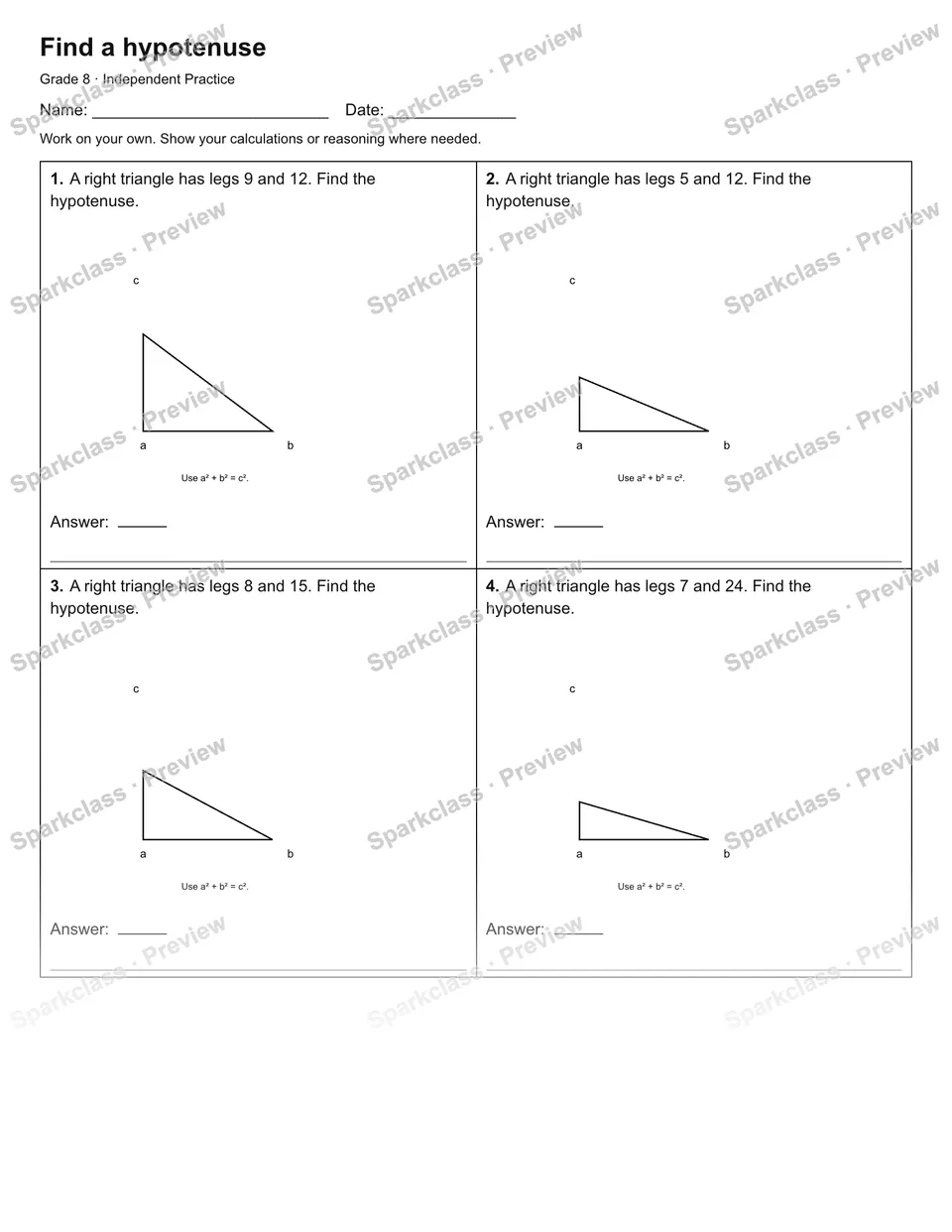 Find a hypotenuse — Independent Practice — page 1