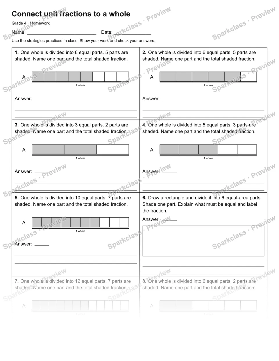 Connect unit fractions to a whole — Homework — page 1