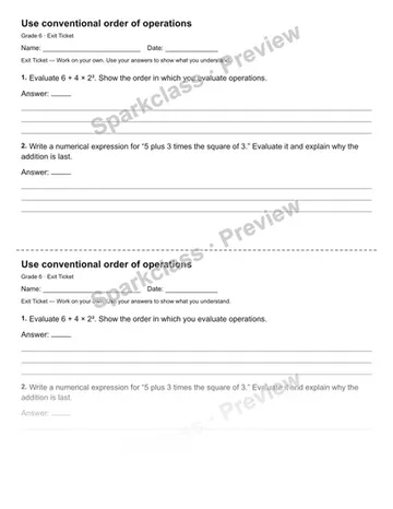 Use conventional order of operations — Exit Ticket — Grade 6 worksheet preview