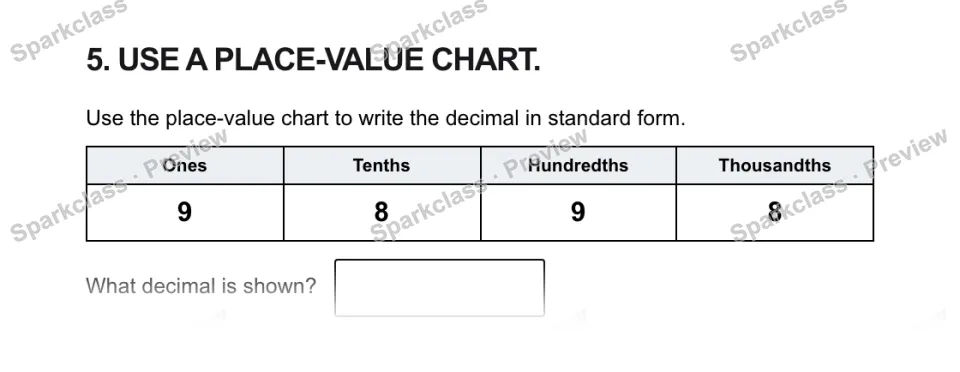 5. USE A PLACE-VALUE CHART. Use the place-value chart to write the decimal in standard form. Ones Tenths Hundredths Thousandths 9 8 9 8 What decimal is shown? — page 1