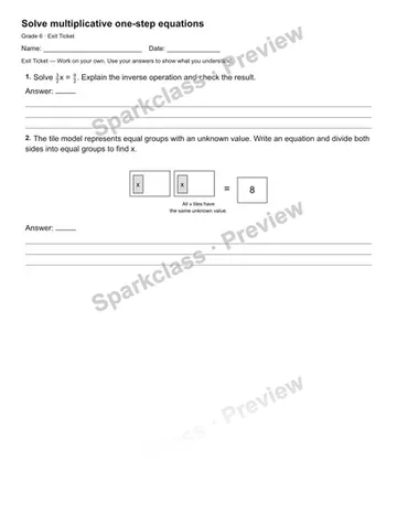 Solve multiplicative one-step equations — Exit Ticket — Grade 6 worksheet preview