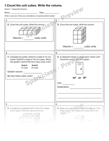 1.Count the unit cubes. Write the volume. — Independent Practice — Grade 5 worksheet preview