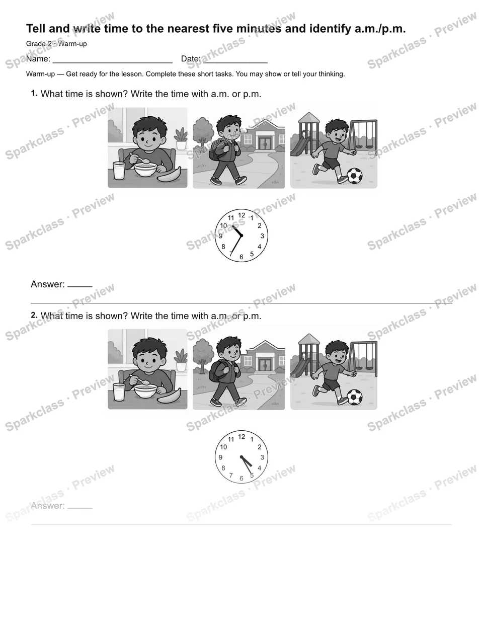 Tell and write time to the nearest five minutes and identify a.m./p.m. — Warm-up — page 1
