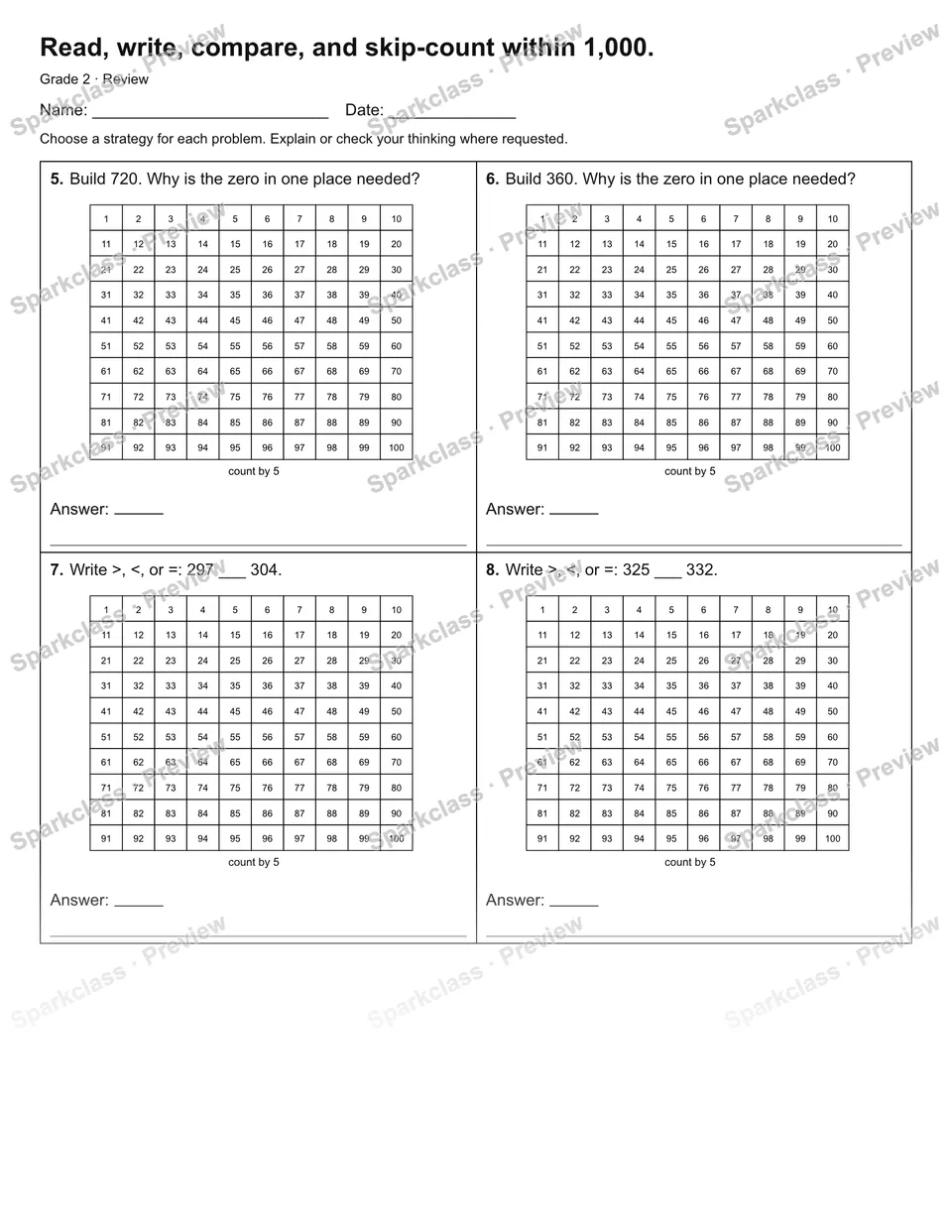 Read, write, compare, and skip-count within 1,000. — Review — page 2