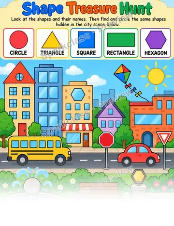 Shape Treasure Hunt · 2D Shapes — Kindergarten worksheet preview