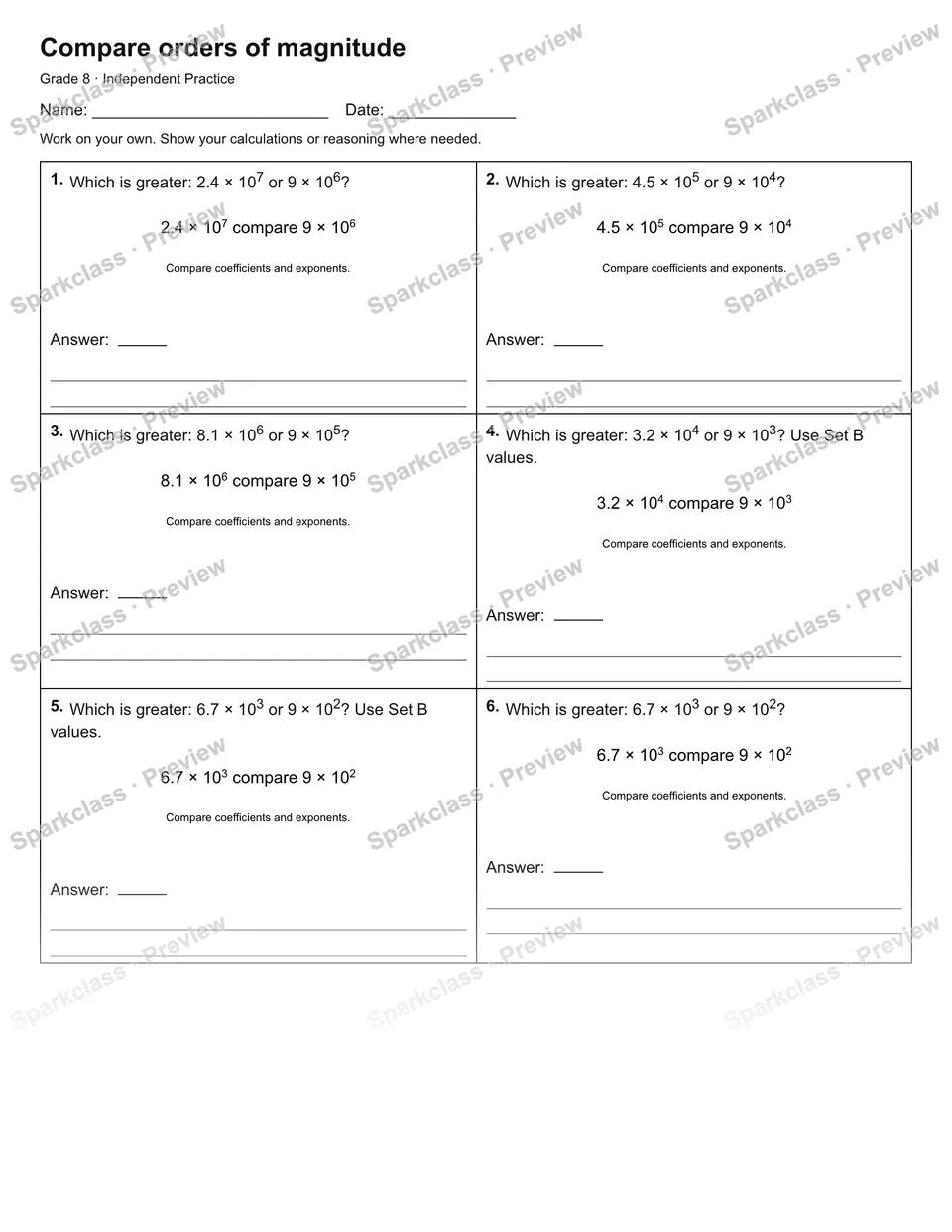 Compare orders of magnitude — Independent Practice — page 1