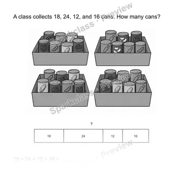 Add four amounts — Grade 2 problem preview