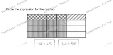 Circle the expression for the overlap. 1/4 × 4/6 1/4 × 5/6 — Grade 5 problem preview