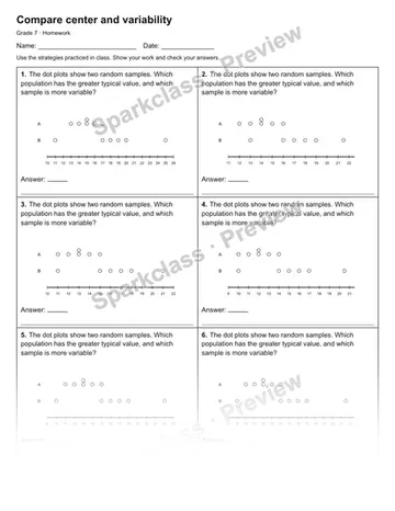 Compare center and variability — Homework — Grade 7 worksheet preview