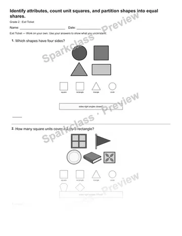 Identify attributes, count unit squares, and partition shapes into equal shares. — Exit Ticket — Grade 2 worksheet preview