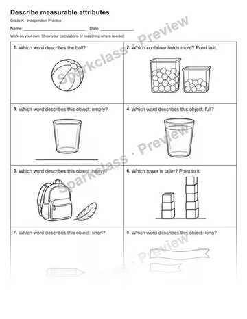 Describe measurable attributes — Independent Practice — Kindergarten worksheet preview