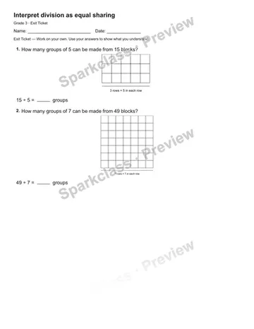 Interpret division as equal sharing — Exit Ticket — Grade 3 worksheet preview