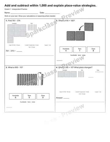 Add and subtract within 1,000 and explain place-value strategies. — Independent Practice — Grade 2 worksheet preview