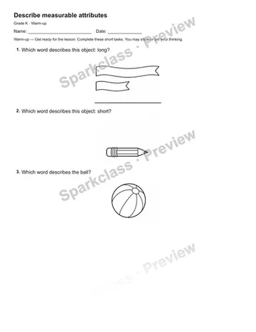 Describe measurable attributes — Warm-up — Kindergarten worksheet preview