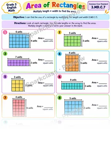 Rectangle Area Multiplication 01 — Grade 3 worksheet preview