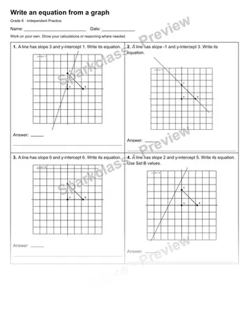 Write an equation from a graph — Independent Practice — Grade 8 worksheet preview