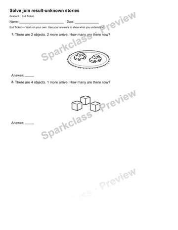 Solve join result-unknown stories — Exit Ticket — Kindergarten worksheet preview