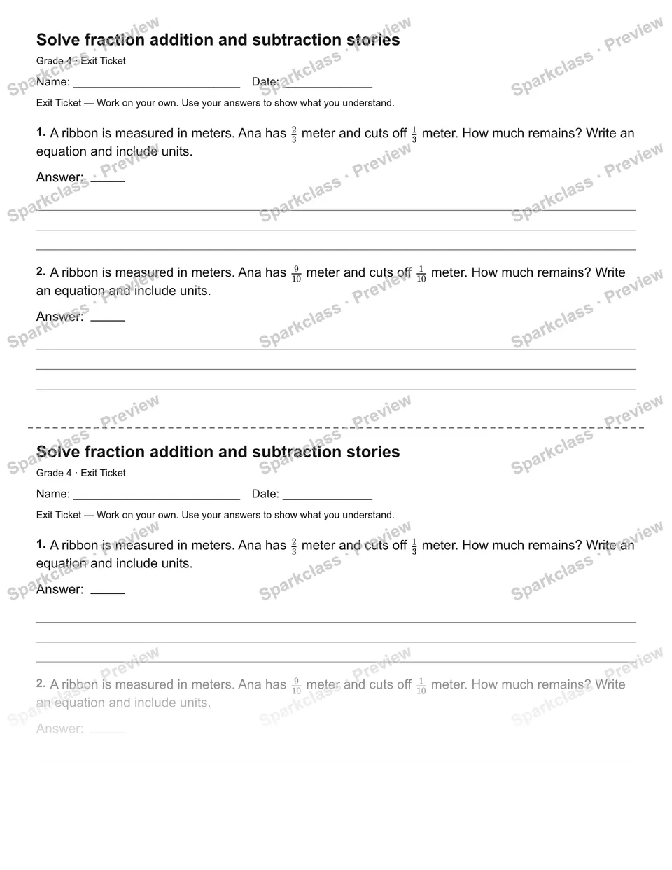 Solve fraction addition and subtraction stories — Exit Ticket — page 1
