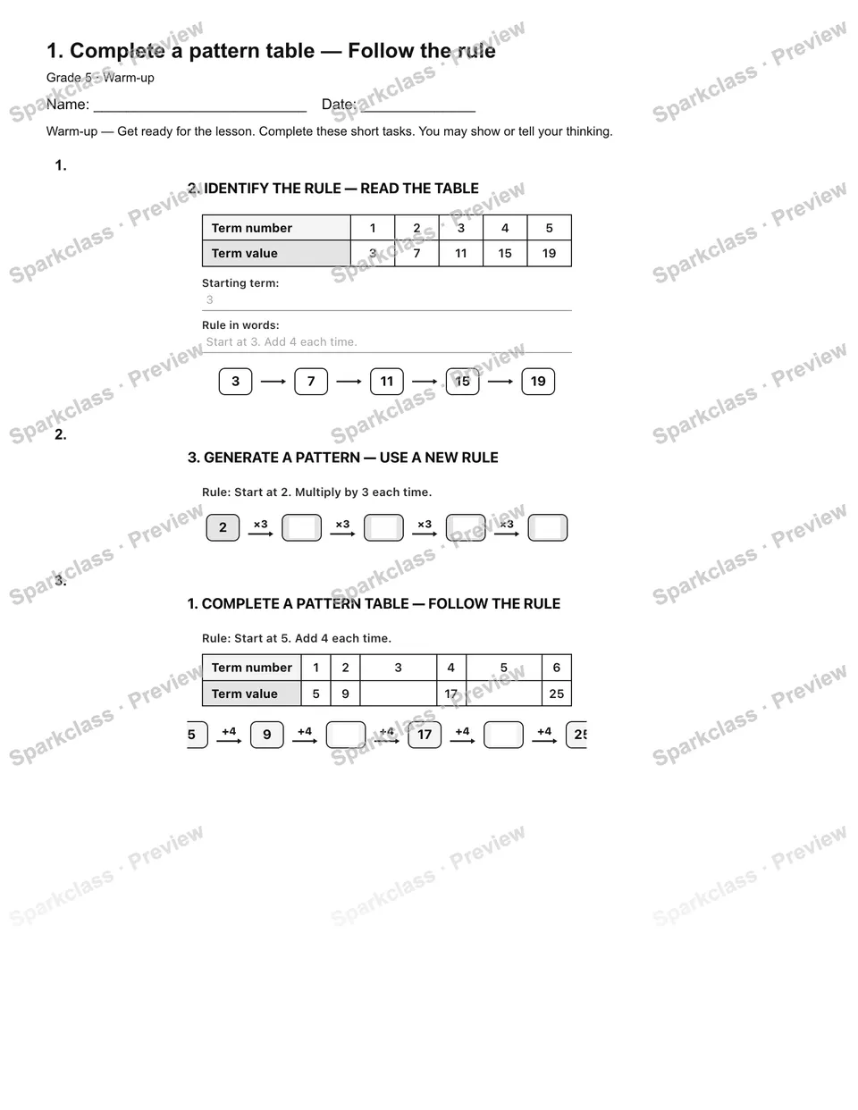 1. Complete a pattern table — Follow the rule — Warm-up — page 2
