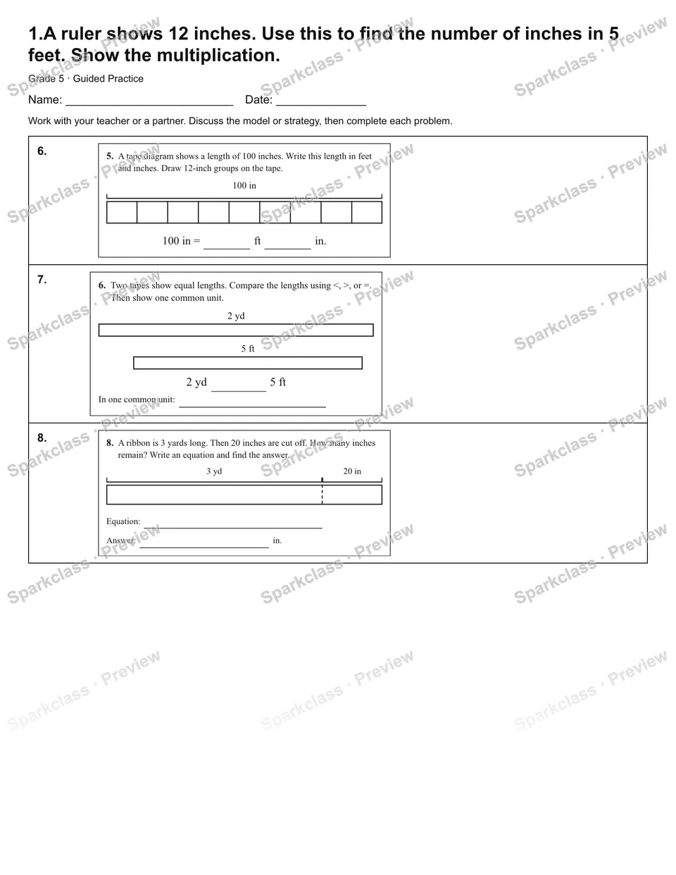 1.A ruler shows 12 inches. Use this to find the number of inches in 5 feet. Show the multiplication. — Guided Practice — page 2