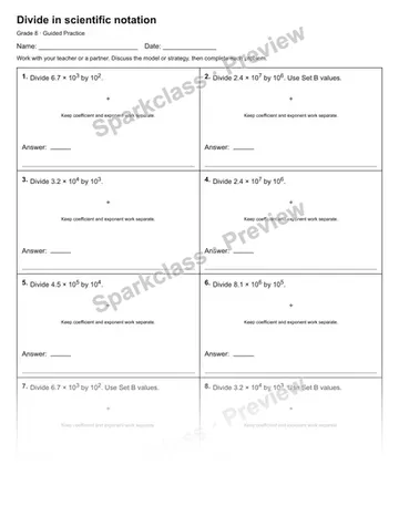 Divide in scientific notation — Guided Practice — Grade 8 worksheet preview