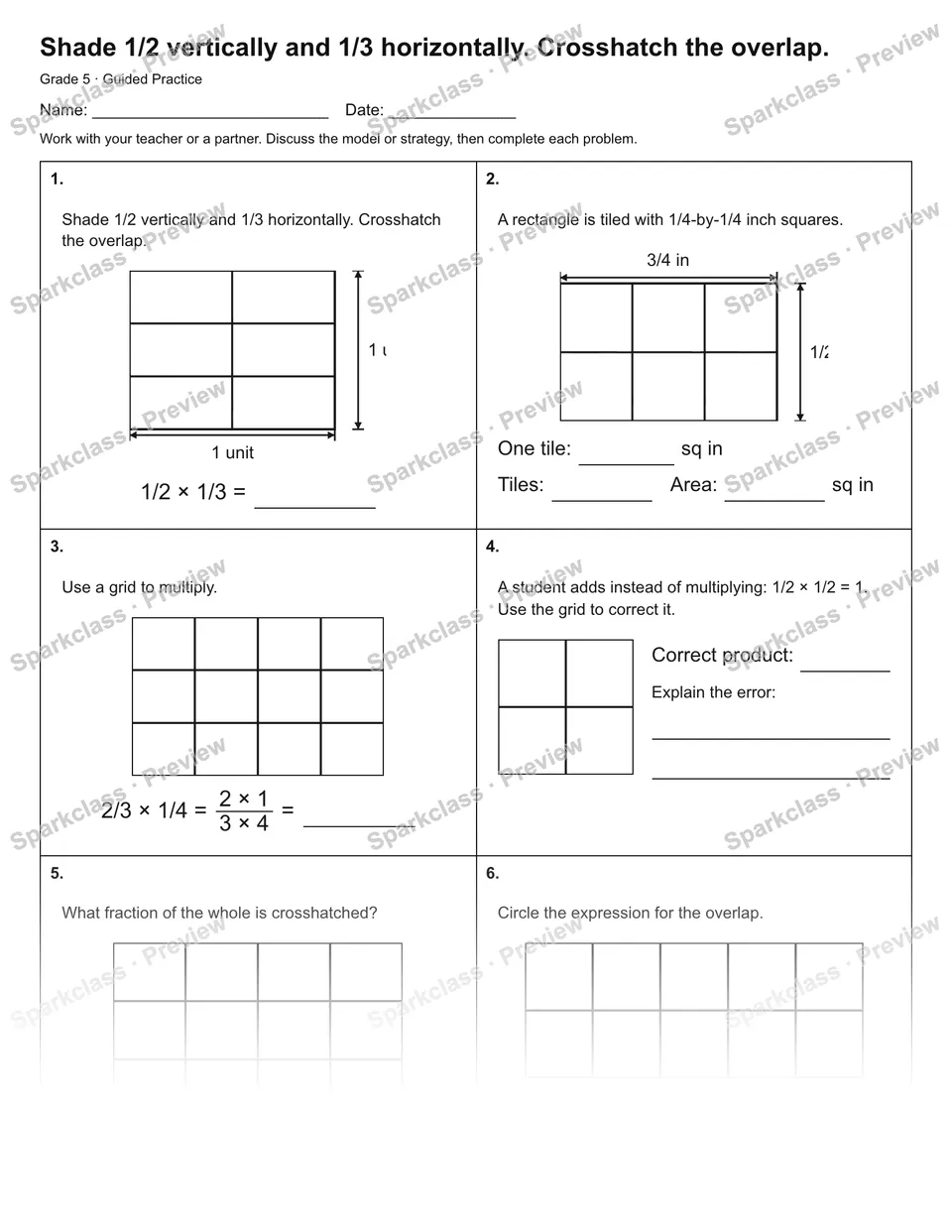 Shade 1/2 vertically and 1/3 horizontally. Crosshatch the overlap. — Guided Practice — page 1