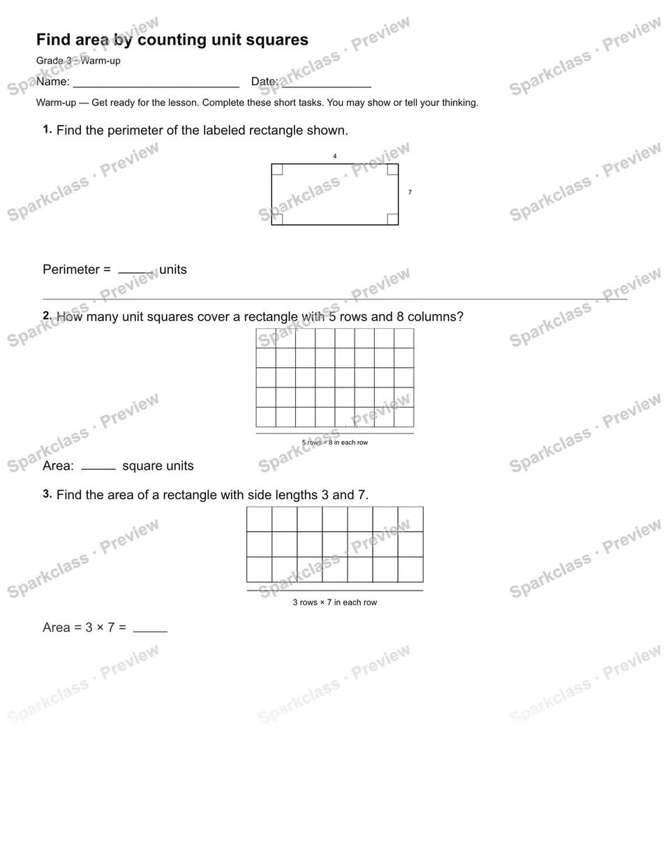 Find area by counting unit squares — Warm-up — page 1