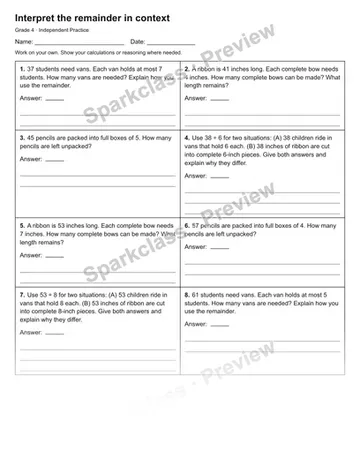 Interpret the remainder in context — Independent Practice — Grade 4 worksheet preview