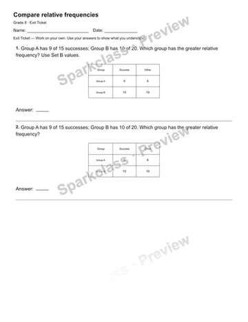 Compare relative frequencies — Exit Ticket — Grade 8 worksheet preview