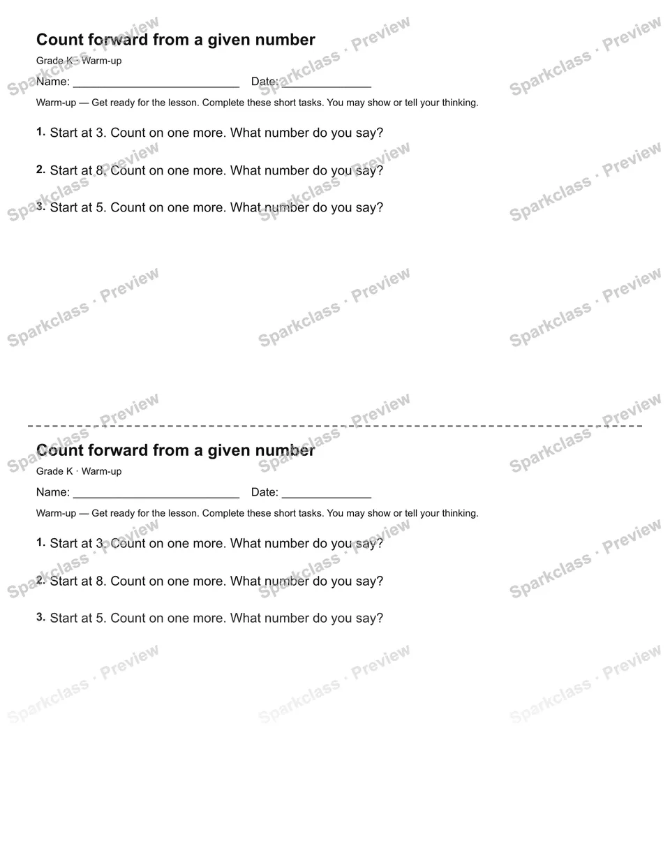 Count forward from a given number — Warm-up — page 1