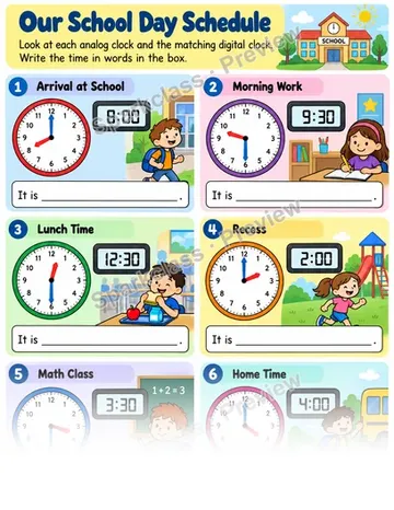 School Day Time Schedule — Grade 1 worksheet preview