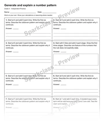 Generate and explain a number pattern — Independent Practice — Grade 4 worksheet preview