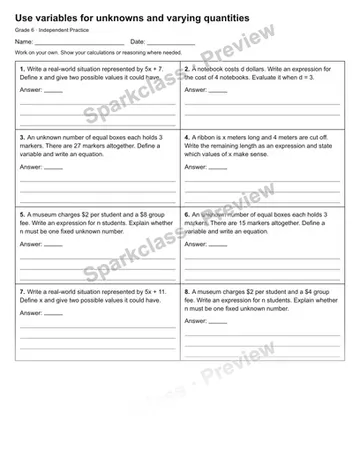 Use variables for unknowns and varying quantities — Independent Practice — Grade 6 worksheet preview