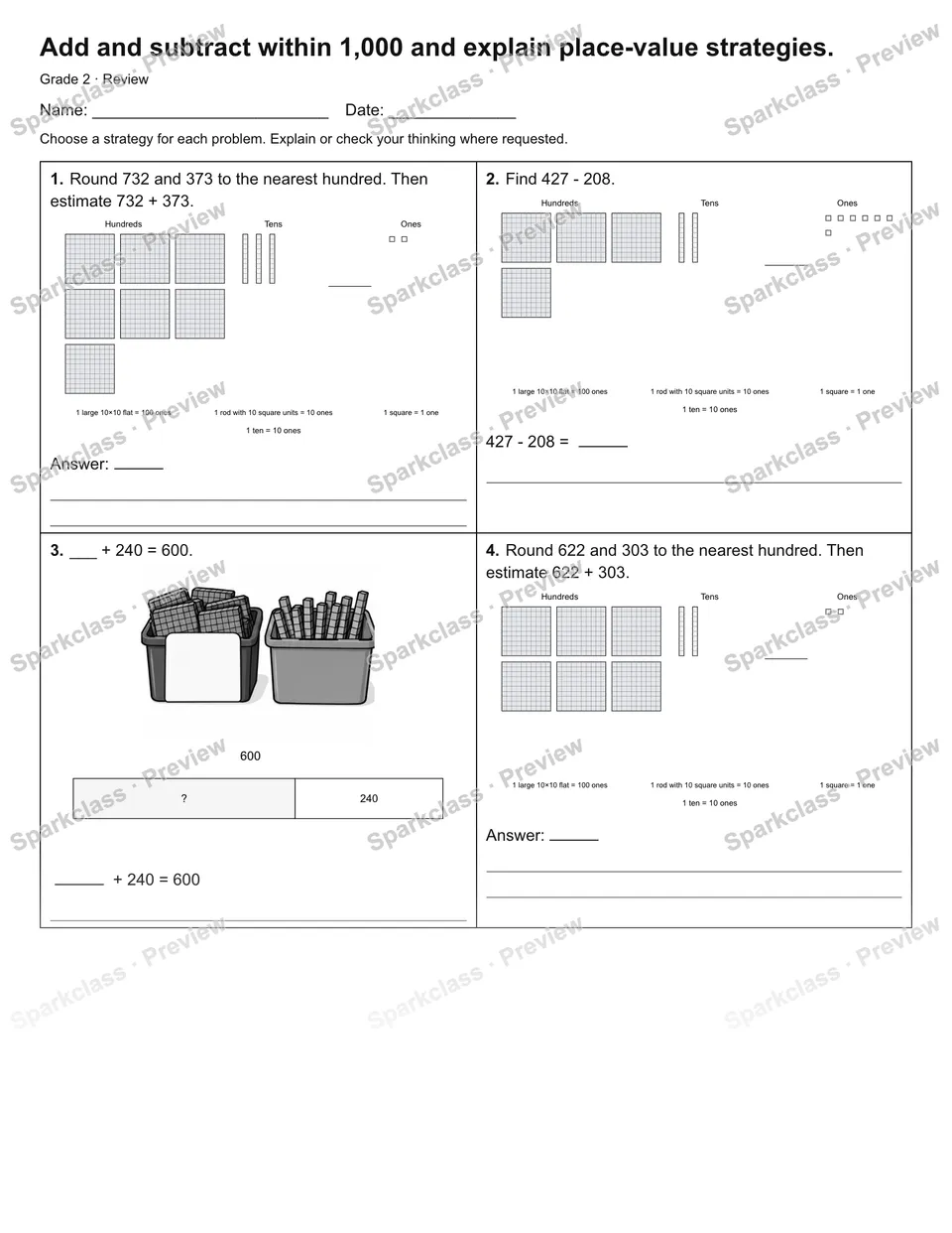 Add and subtract within 1,000 and explain place-value strategies. — Review — page 1