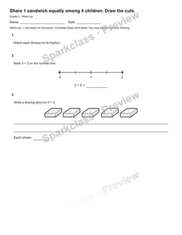 Share 1 sandwich equally among 4 children. Draw the cuts. — Warm-up — Grade 5 worksheet preview