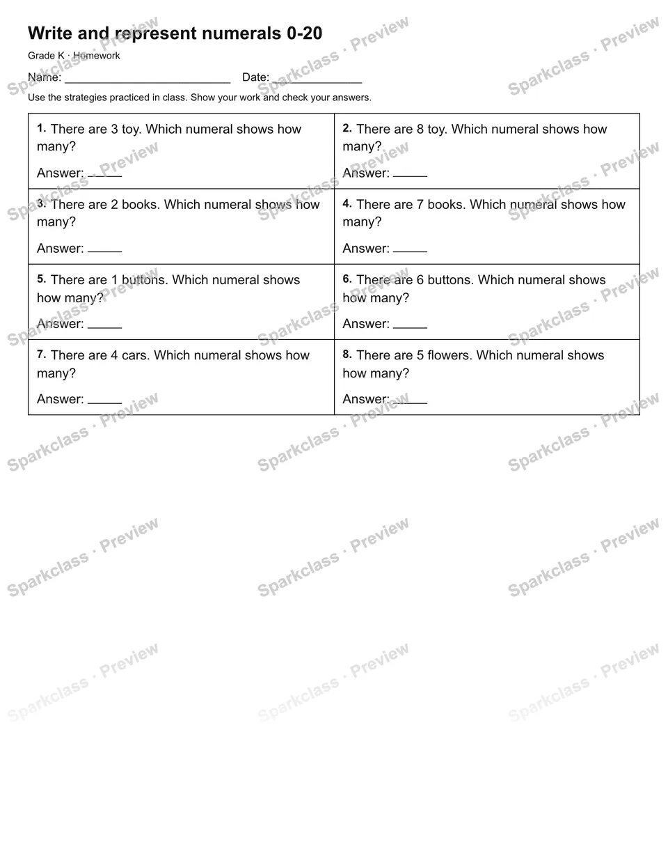 Write and represent numerals 0-20 — Homework — page 1