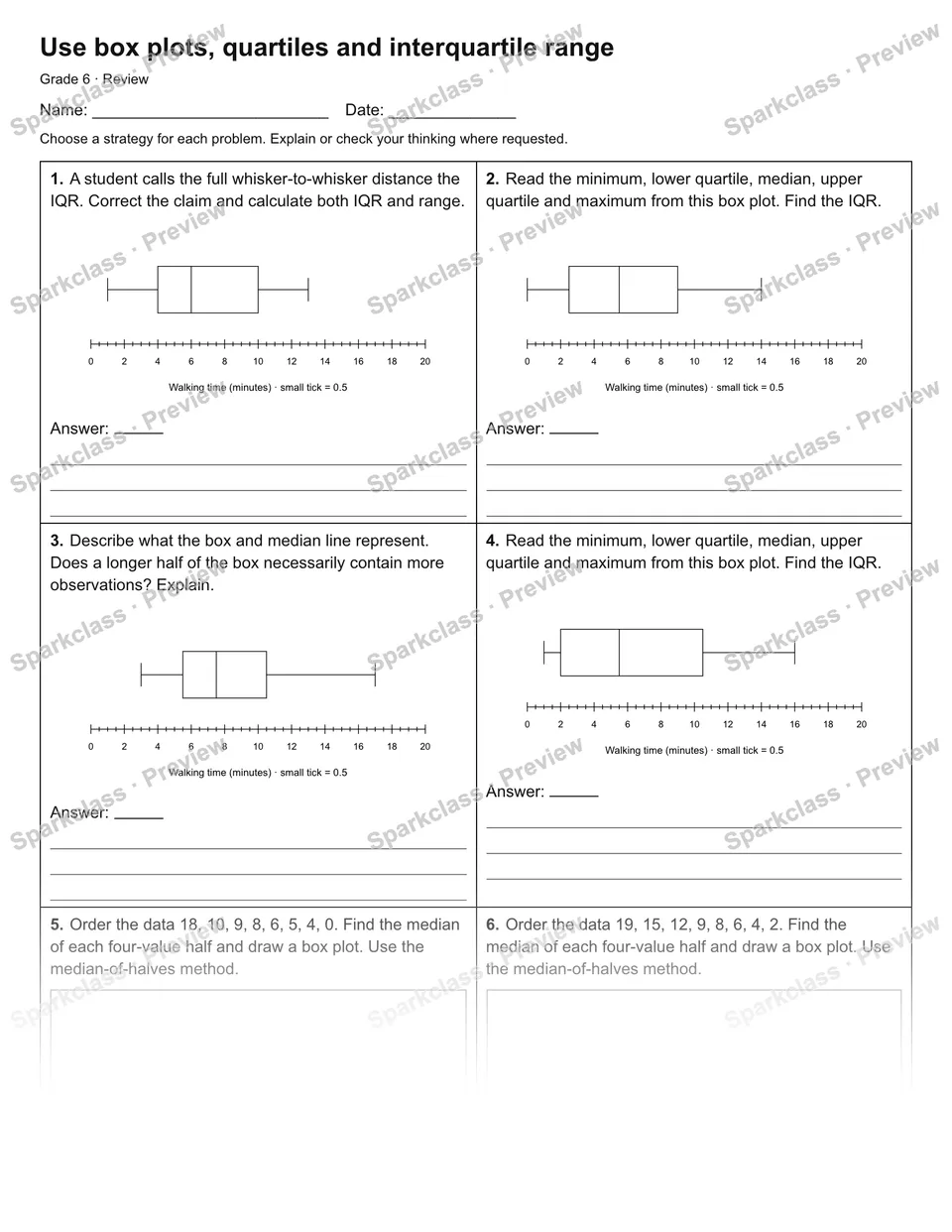 Use box plots, quartiles and interquartile range — Review — page 1