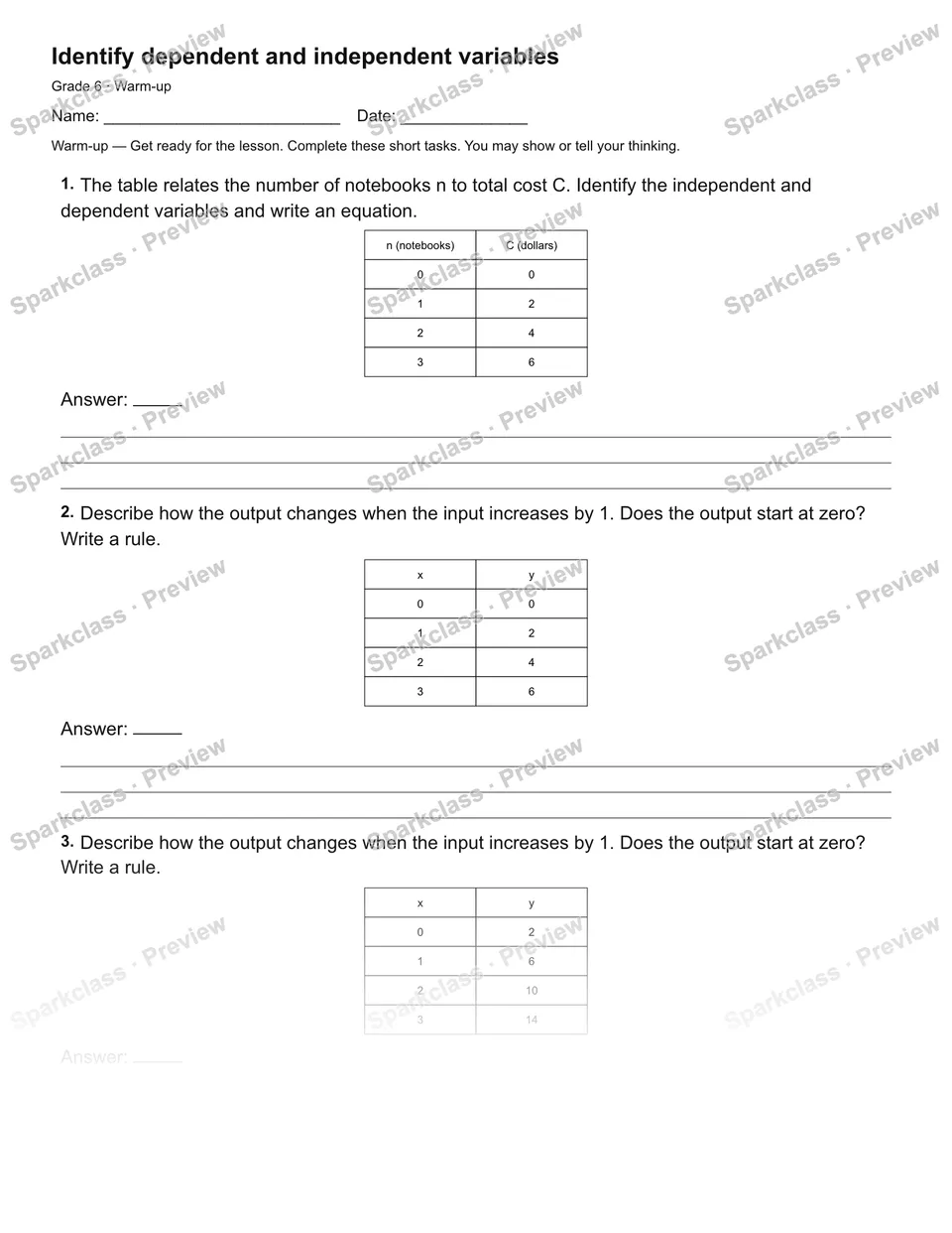 Identify dependent and independent variables — Warm-up — page 2