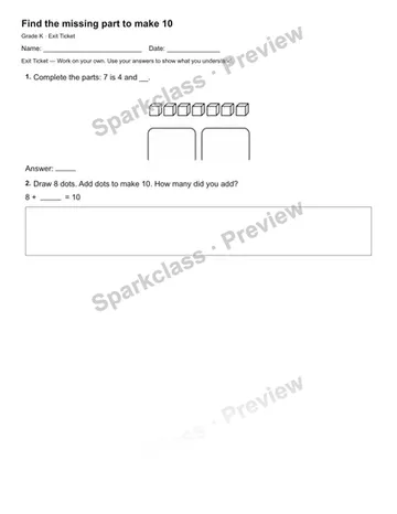 Find the missing part to make 10 — Exit Ticket — Kindergarten worksheet preview