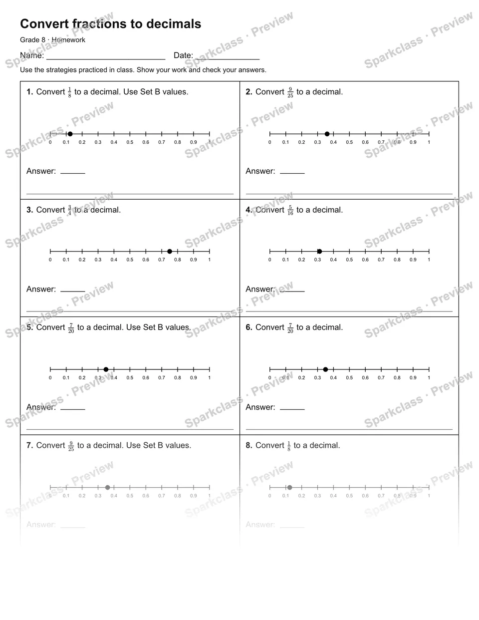Convert fractions to decimals — Homework — page 1