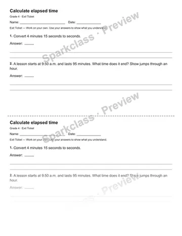 Calculate elapsed time — Exit Ticket — Grade 4 worksheet preview