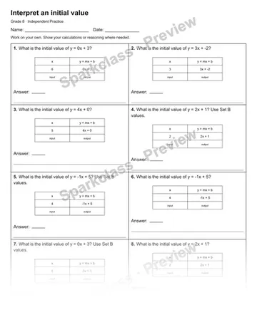 Interpret an initial value — Independent Practice — Grade 8 worksheet preview