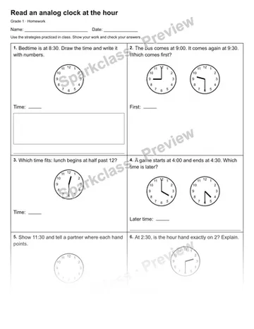 Read an analog clock at the hour — Homework — Grade 1 worksheet preview